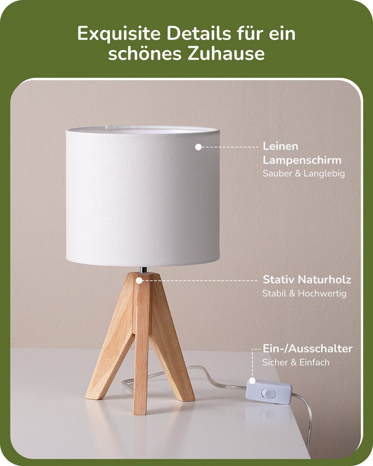 EDISHINE Nachttischlampe 2er Set, Vintage Tischleuchte aus Holz mit Leinenlampenschirm, LED wechselbar, warmweiß, H36 cm Tischlampe mit Leuchtmittel – Bild 5 von 5