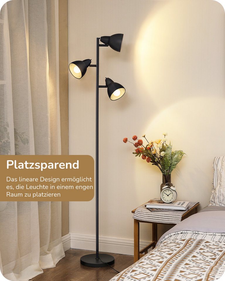 EDISHINE Stehlampe Wohnzimmer, 3-flammige Standleuchte, LED wechselbar, Industrielle Leselampe mit Individuellen Schalter, Schwarz – Bild 4 von 5