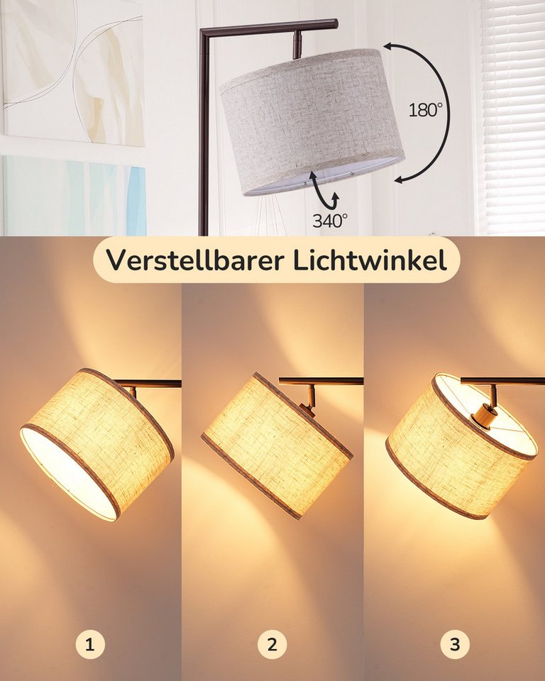 EDISHINE Stehlampe Wohnzimmer 160cm, Lampenschirm verstellbar, LED wechselbar, warmweiß, mit Lampenschirm aus Leinen, Rotbraun – Bild 3 von 5
