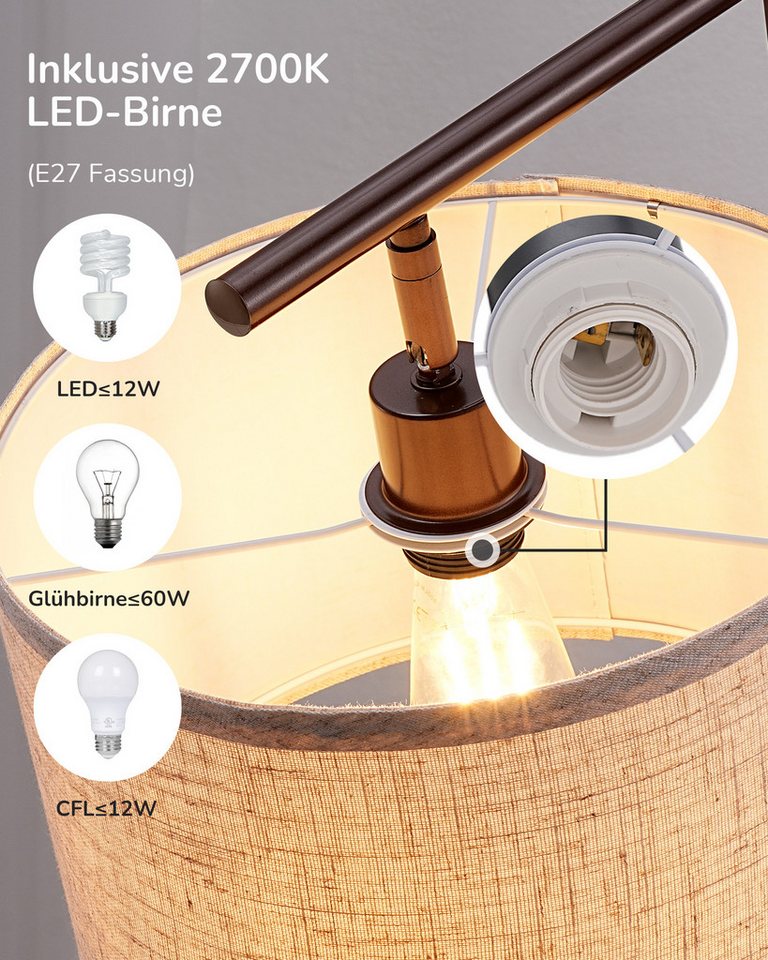 EDISHINE Stehlampe Wohnzimmer 160cm, Lampenschirm verstellbar, LED wechselbar, warmweiß, mit Lampenschirm aus Leinen, Rotbraun – Bild 4 von 5