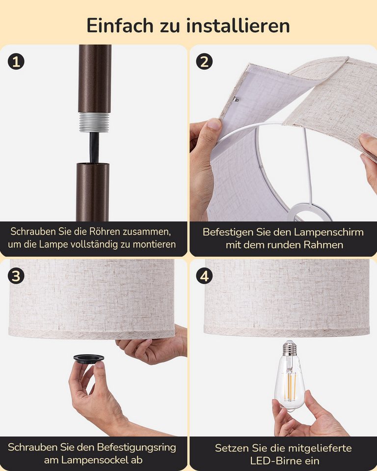 EDISHINE Stehlampe Wohnzimmer 160cm, Lampenschirm verstellbar, LED wechselbar, warmweiß, mit Lampenschirm aus Leinen, Rotbraun – Bild 5 von 5