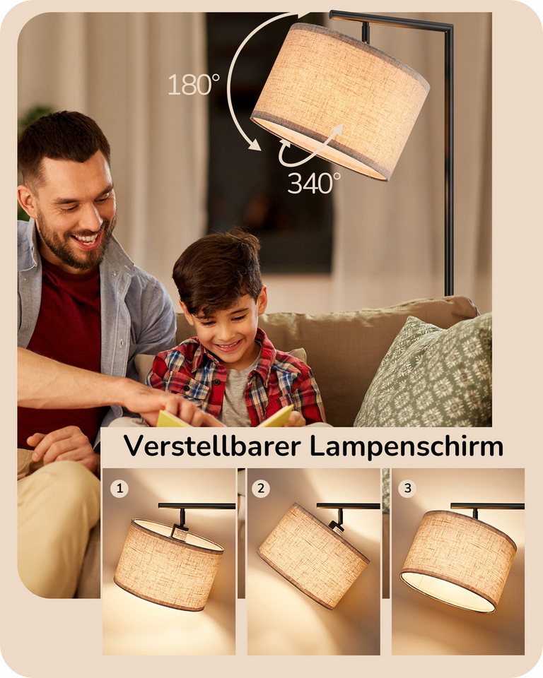 EDISHINE Stehlampe Wohnzimmer 160cm, Lampenschirm verstellbar, LED wechselbar, warmweiß, mit Lampenschirm aus Leinen, Schwarz – Bild 2 von 5