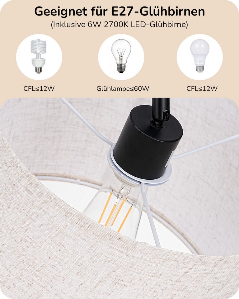 EDISHINE Stehlampe Wohnzimmer 160cm, Lampenschirm verstellbar, LED wechselbar, warmweiß, mit Lampenschirm aus Leinen, Schwarz – Bild 3 von 5