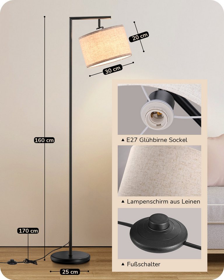 EDISHINE Stehlampe Wohnzimmer 160cm, Lampenschirm verstellbar, LED wechselbar, warmweiß, mit Lampenschirm aus Leinen, Schwarz – Bild 5 von 5