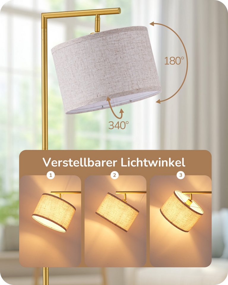 EDISHINE Stehlampe Wohnzimmer 160cm, Lampenschirm verstellbar, LED wechselbar, warmweiß, mit Lampenschirm aus Leinen, Gold – Bild 2 von 5