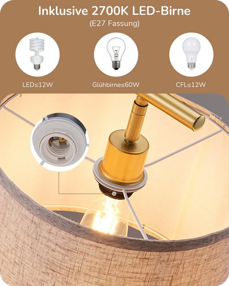 EDISHINE Stehlampe Wohnzimmer 160cm, Lampenschirm verstellbar, LED wechselbar, warmweiß, mit Lampenschirm aus Leinen, Gold – Bild 3 von 5