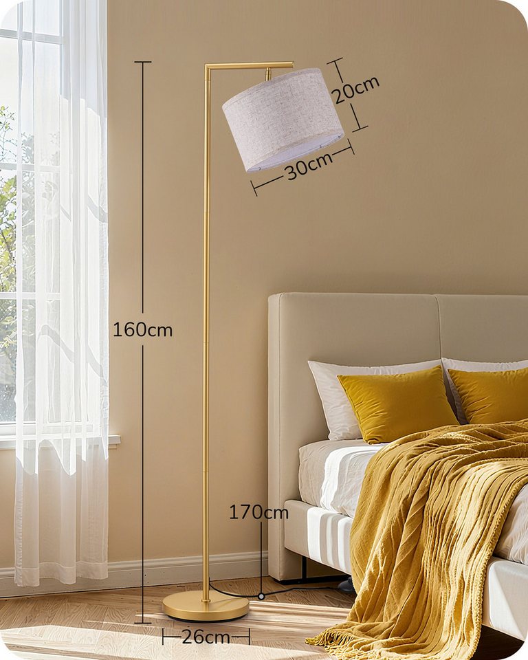 EDISHINE Stehlampe Wohnzimmer 160cm, Lampenschirm verstellbar, LED wechselbar, warmweiß, mit Lampenschirm aus Leinen, Gold – Bild 5 von 5