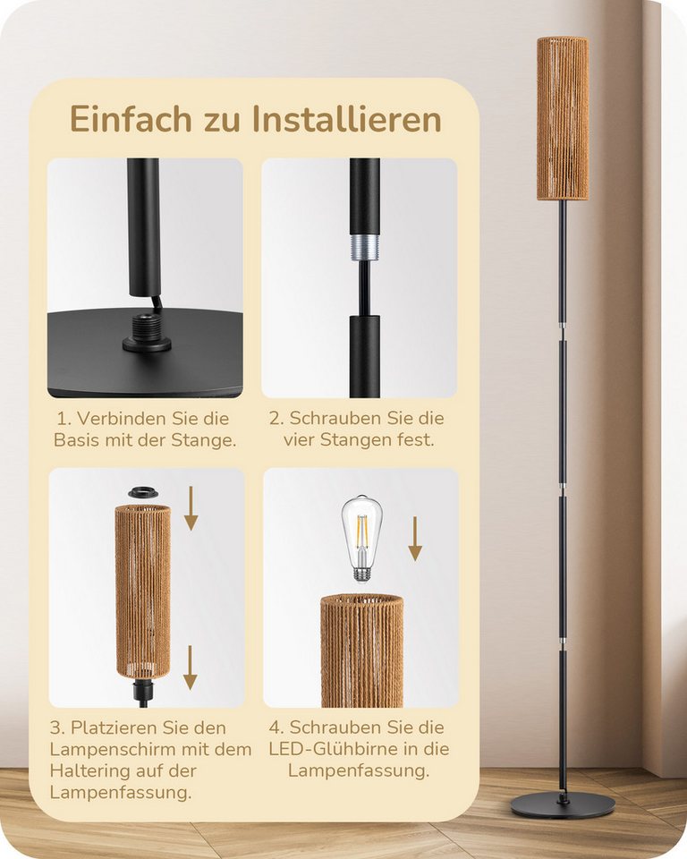 EDISHINE Stehlampe Wohnzimmer, LED wechselbar, warmweiß, Boho Stehlampe mit Lampenschirm aus gewebtem Seil – Bild 3 von 5