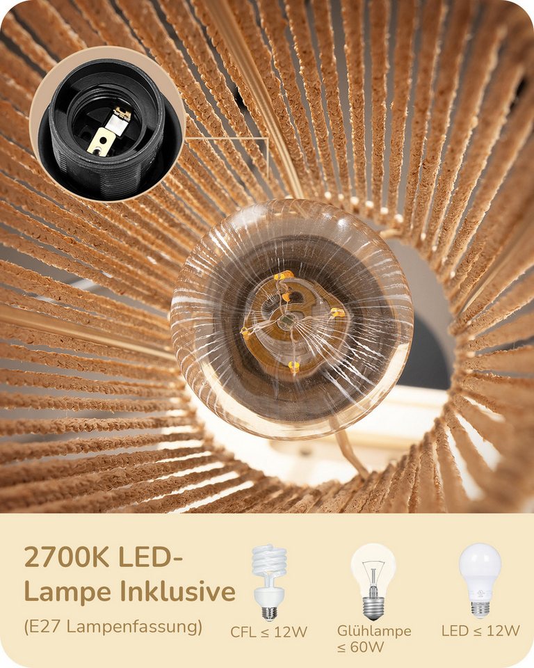 EDISHINE Stehlampe Wohnzimmer, LED wechselbar, warmweiß, Boho Stehlampe mit Lampenschirm aus gewebtem Seil – Bild 4 von 5