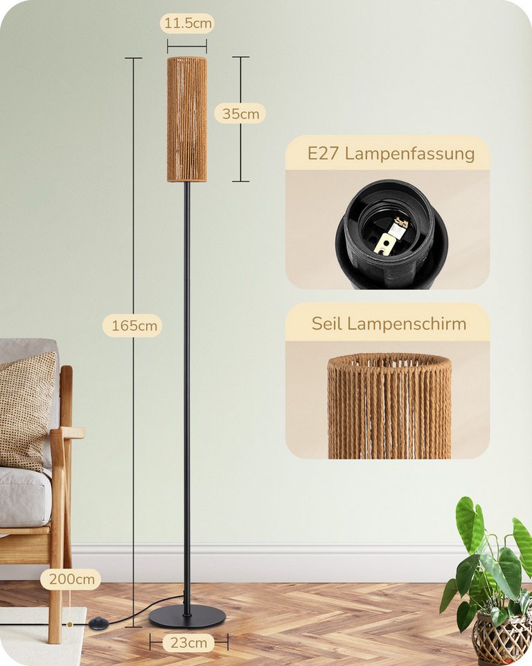 EDISHINE Stehlampe Wohnzimmer, LED wechselbar, warmweiß, Boho Stehlampe mit Lampenschirm aus gewebtem Seil – Bild 5 von 5