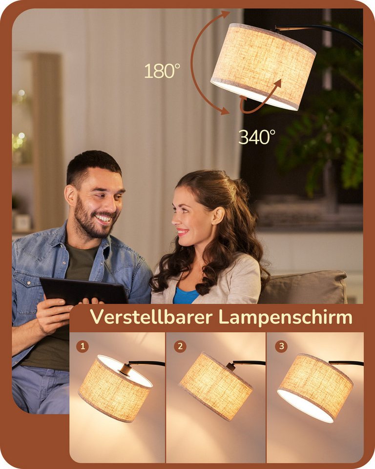 EDISHINE Stehlampe Wohnzimmer, mit E27 LED-Glühbirne, warmweiß, 161cm Bogenlampe mit verstellbarem Leinen-Lampenschirm, Schwarz – Bild 2 von 5