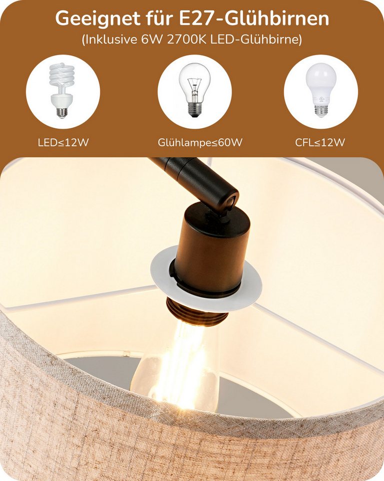 EDISHINE Stehlampe Wohnzimmer, mit E27 LED-Glühbirne, warmweiß, 161cm Bogenlampe mit verstellbarem Leinen-Lampenschirm, Schwarz – Bild 3 von 5