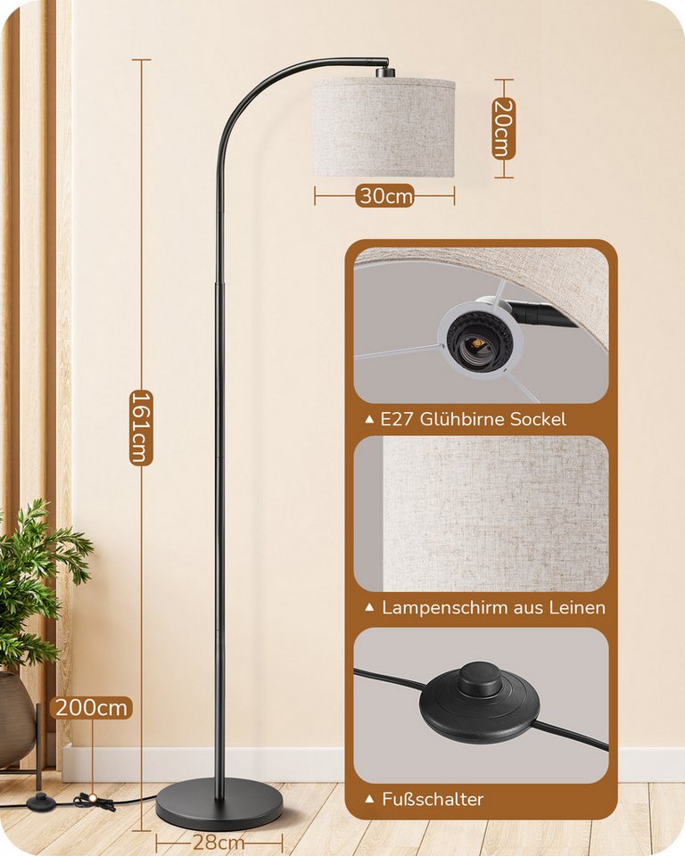 EDISHINE Stehlampe Wohnzimmer, mit E27 LED-Glühbirne, warmweiß, 161cm Bogenlampe mit verstellbarem Leinen-Lampenschirm, Schwarz – Bild 5 von 5