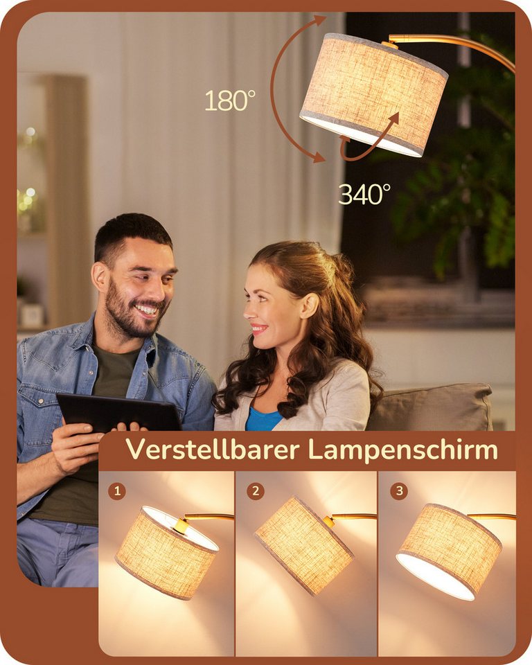 EDISHINE Stehlampe Wohnzimmer, mit E27 LED-Glühbirne, warmweiß, 161cm Bogenlampe mit Leinen-Lampenschirm, Gold – Bild 2 von 5