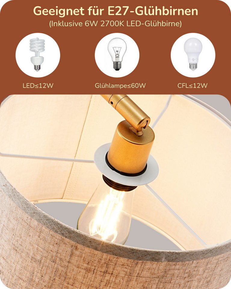 EDISHINE Stehlampe Wohnzimmer, mit E27 LED-Glühbirne, warmweiß, 161cm Bogenlampe mit Leinen-Lampenschirm, Gold – Bild 4 von 5
