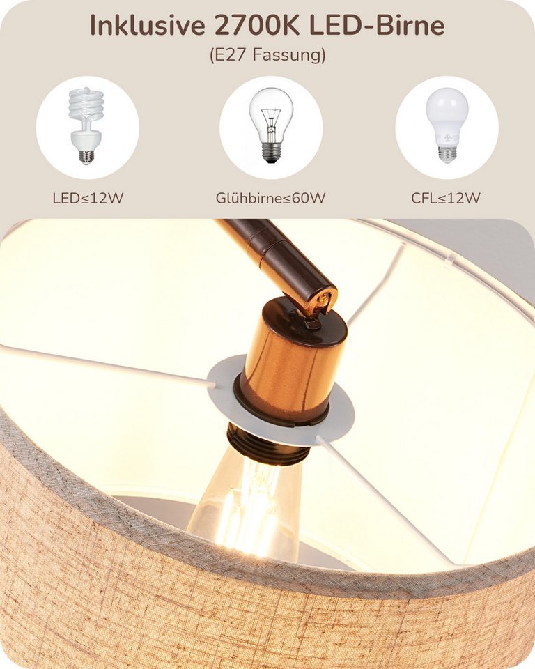 EDISHINE Stehlampe Wohnzimmer, mit E27 LED-Glühbirne, warmweiß, 161cm Bogenlampe mit verstellbarem Leinen-Lampenschirm, Braun – Bild 3 von 5