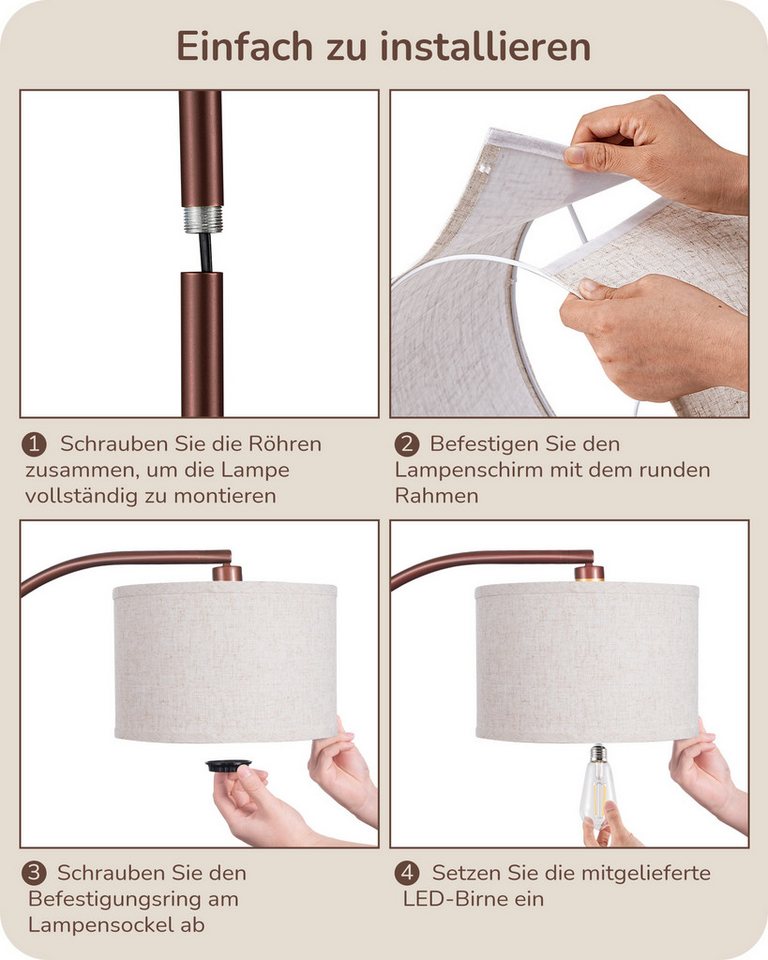 EDISHINE Stehlampe Wohnzimmer, mit E27 LED-Glühbirne, warmweiß, 161cm Bogenlampe mit verstellbarem Leinen-Lampenschirm, Braun – Bild 4 von 5
