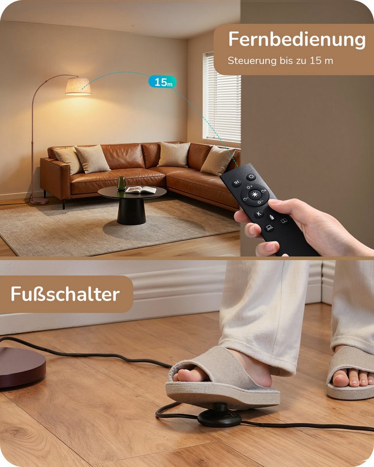 EDISHINE Stehlampe Wohnzimmer dimmbar, Standleuchte Höhenverstellbar, LED wechselbar, kaltweiß bis warmweiß dimmbar, LED Bogenlampe mit Fernbedienung – Bild 2 von 5