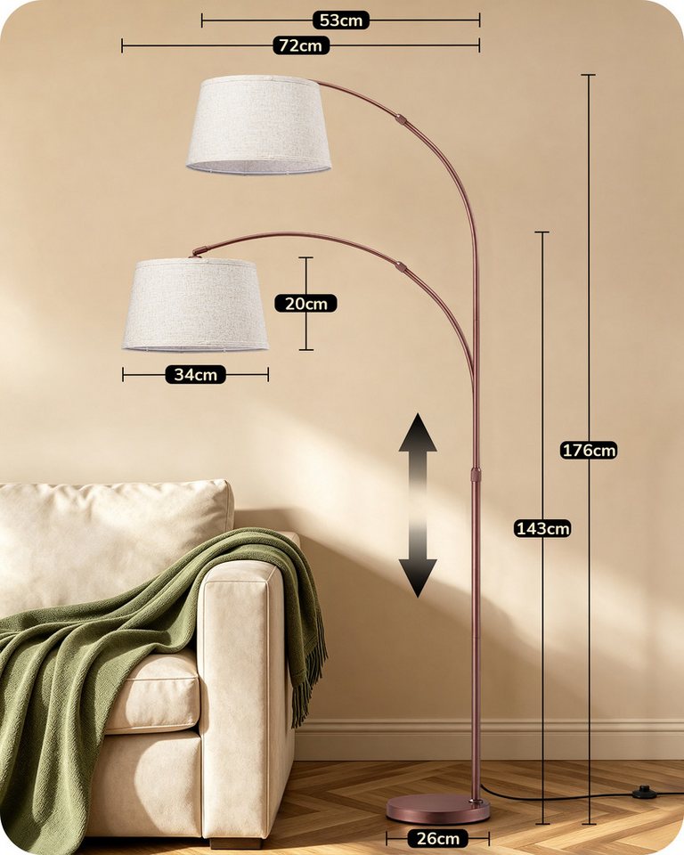 EDISHINE Stehlampe Wohnzimmer dimmbar, Standleuchte Höhenverstellbar, LED wechselbar, kaltweiß bis warmweiß dimmbar, LED Bogenlampe mit Fernbedienung – Bild 4 von 5