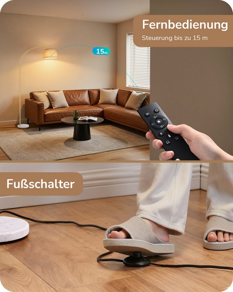 EDISHINE Stehlampe Wohnzimmer dimmbar, Standleuchte Höhenverstellbar, LED wechselbar, kaltweiß bis warmweiß dimmbar, LED Bogenlampe mit Fernbedienung – Bild 4 von 5