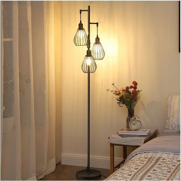 EDISHINE Stehlampe Wohnzimmer Dimmbar, 3-flammige Stehleuchte Industrial, LED wechselbar, Warmweiß, 3 Käfig Lampenschirm aus Metall, Schwarz