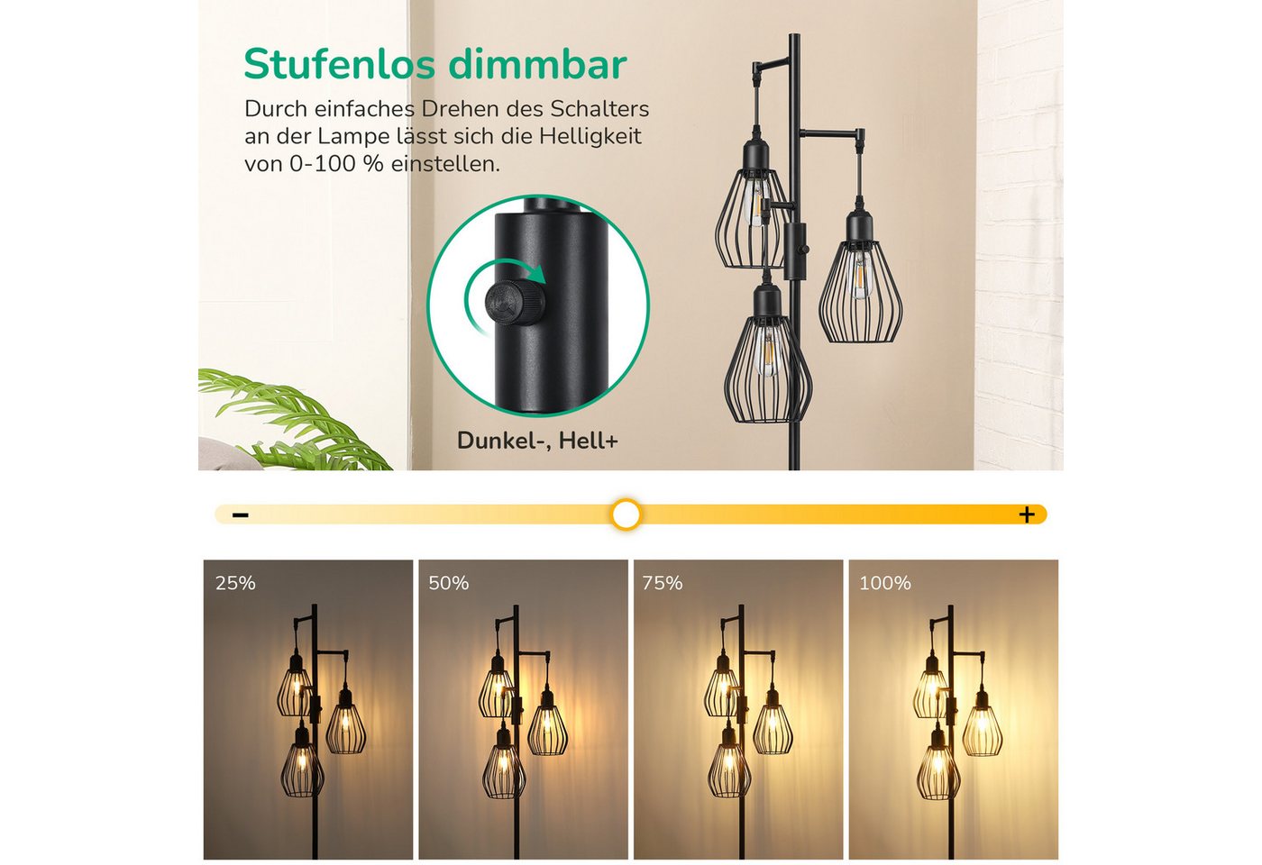 EDISHINE Stehlampe Wohnzimmer Dimmbar, 3-flammige Stehleuchte Industrial, LED wechselbar, Warmweiß, 3 Käfig Lampenschirm aus Metall, Schwarz – Bild 2 von 5