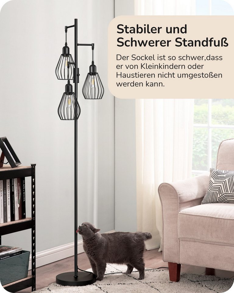 EDISHINE Stehlampe Wohnzimmer Dimmbar, 3-flammige Stehleuchte Industrial, LED wechselbar, Warmweiß, 3 Käfig Lampenschirm aus Metall, Schwarz – Bild 3 von 5