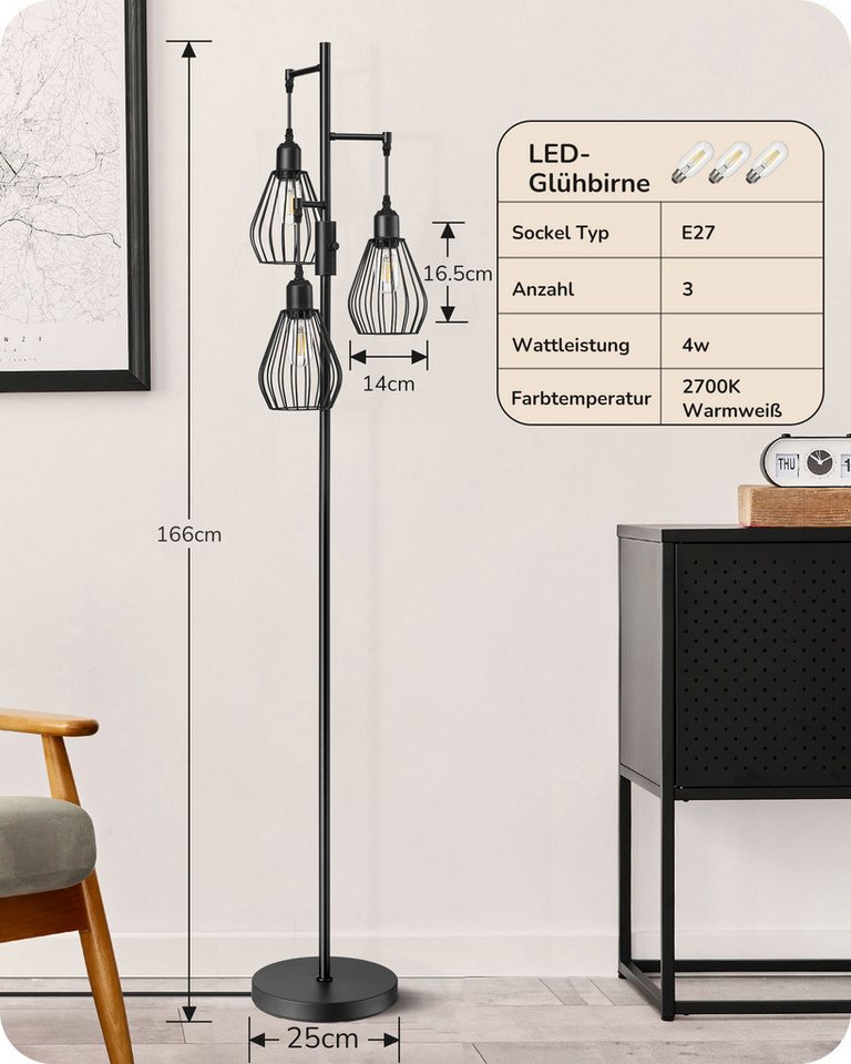 EDISHINE Stehlampe Wohnzimmer Dimmbar, 3-flammige Stehleuchte Industrial, LED wechselbar, Warmweiß, 3 Käfig Lampenschirm aus Metall, Schwarz – Bild 4 von 5