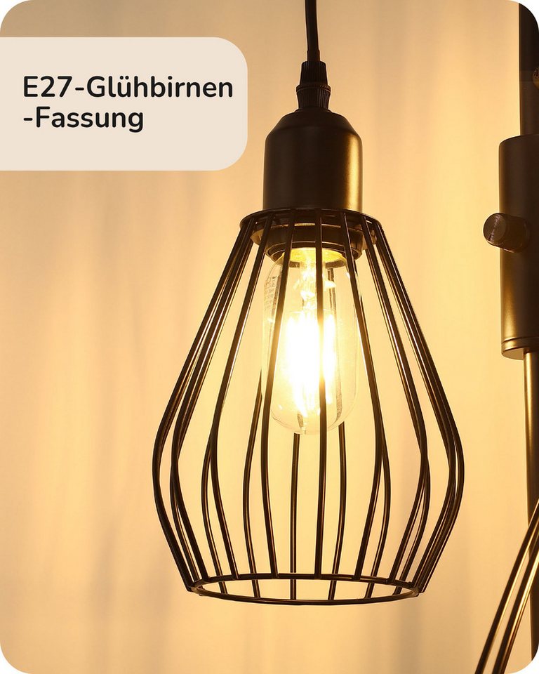 EDISHINE Stehlampe Wohnzimmer Dimmbar, 3-flammige Stehleuchte Industrial, LED wechselbar, Warmweiß, 3 Käfig Lampenschirm aus Metall, Schwarz – Bild 5 von 5