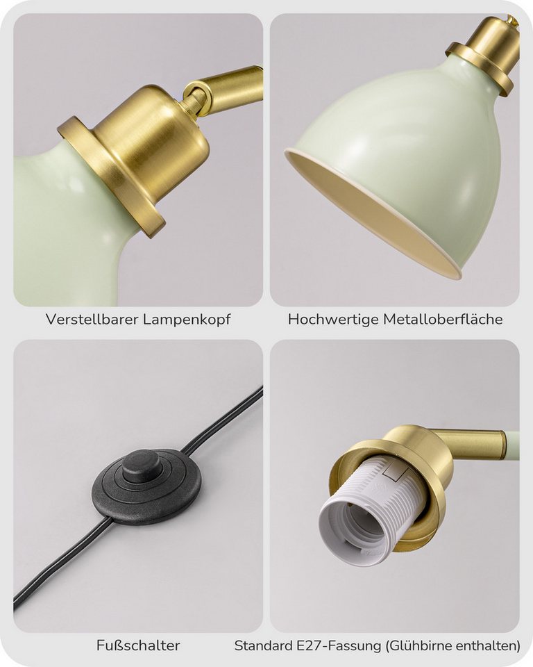 EDISHINE Stehlampe Wohnzimmer, LED wechselbar, warmweiß, Leselampe für Büro&Arbeitszimmer, grüner Lampenschirm, 155cm – Bild 4 von 5