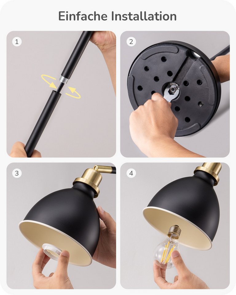 EDISHINE Stehlampe Wohnzimmer, LED wechselbar, warmweiß, Leselampe für Büro & Arbeitszimmer, Schwarz, 155cm – Bild 4 von 5