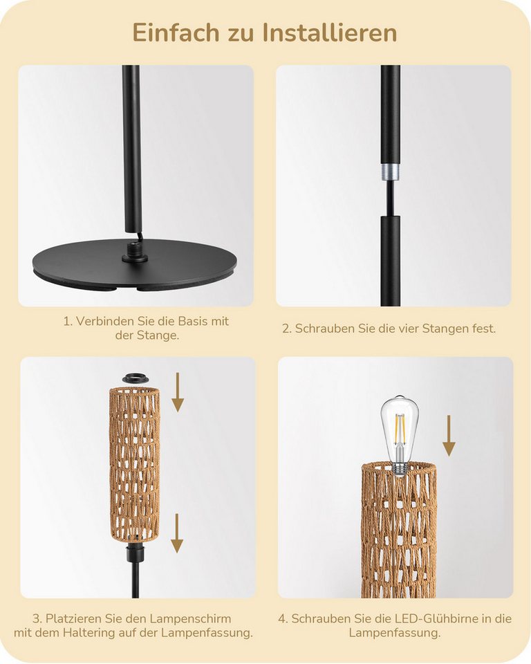 EDISHINE Stehlampe Wohnzimmer, LED wechselbar, warmweiß, Boho Stehlampe mit Lampenschirm aus gewebtem Seil – Bild 3 von 5