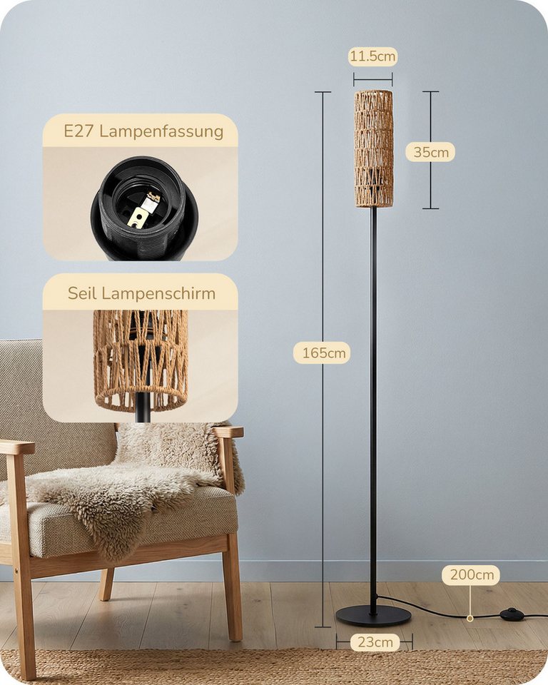 EDISHINE Stehlampe Wohnzimmer, LED wechselbar, warmweiß, Boho Stehlampe mit Lampenschirm aus gewebtem Seil – Bild 4 von 5