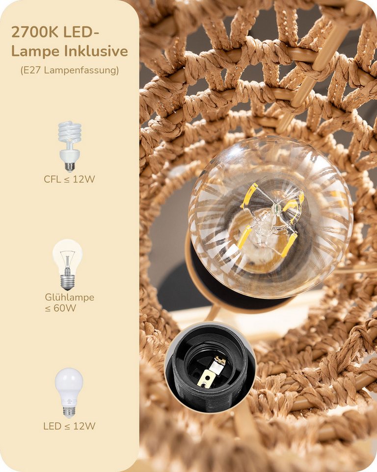 EDISHINE Stehlampe Wohnzimmer, LED wechselbar, warmweiß, Boho Stehlampe mit Lampenschirm aus gewebtem Seil – Bild 5 von 5