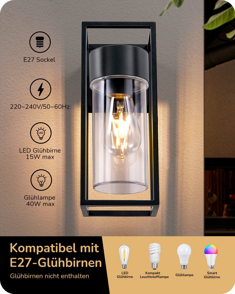 EDISHINE Wandleuchte, ohne Leuchtmittel, Wandbeleuchtung für Hauswand, Terrassenbeleuchtung, Schwarz – Bild 3 von 5