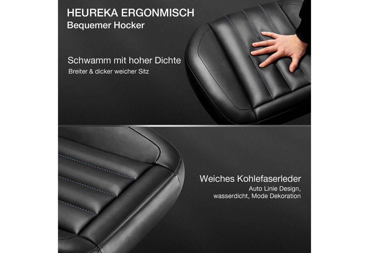 EE EUREKA ERGONOMIC Drehhocker Hocker Höhenverstellbar mit Rollen, 35-43cm Sitzhöhe, 360° Rollsitz (1 St), Kunstleder Arbeitshocker mit Rutschhemmender Sockel f – Bild 4 von 5