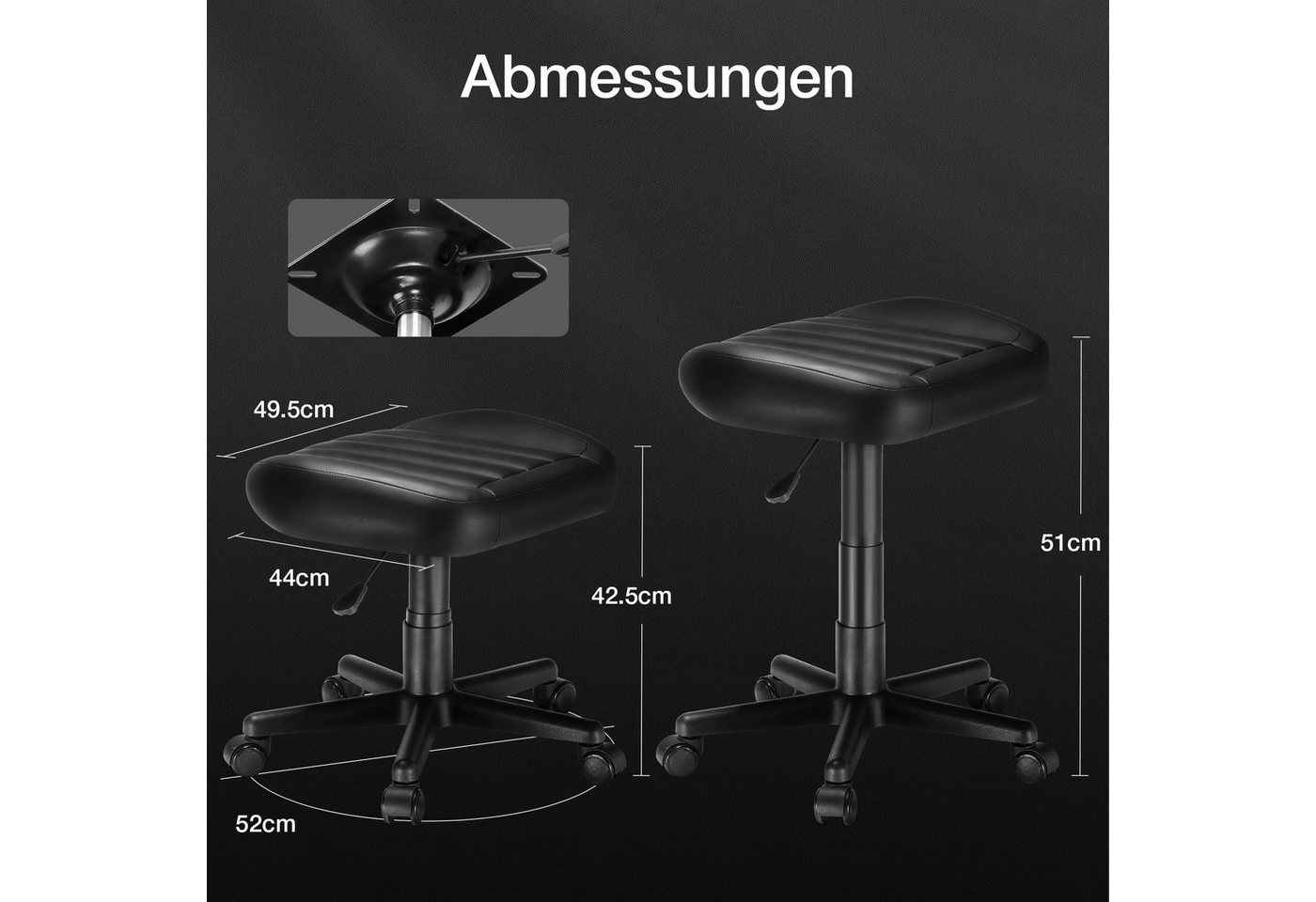 EE EUREKA ERGONOMIC Drehhocker Hocker Höhenverstellbar mit Rollen, 35-43cm Sitzhöhe, 360° Rollsitz (1 St), Kunstleder Arbeitshocker mit Rutschhemmender Sockel f – Bild 5 von 5