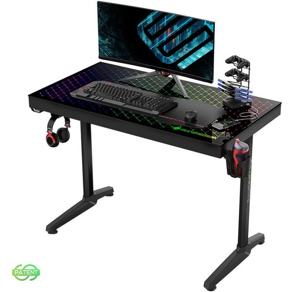 EE EUREKA ERGONOMIC Gamingtisch 110 x 60 cm große Glasfläche, Computertisch für Gaming und PC-Arbeit, RGB-Schreibtisch mit App-Steuerung, Haltern und rutschfest