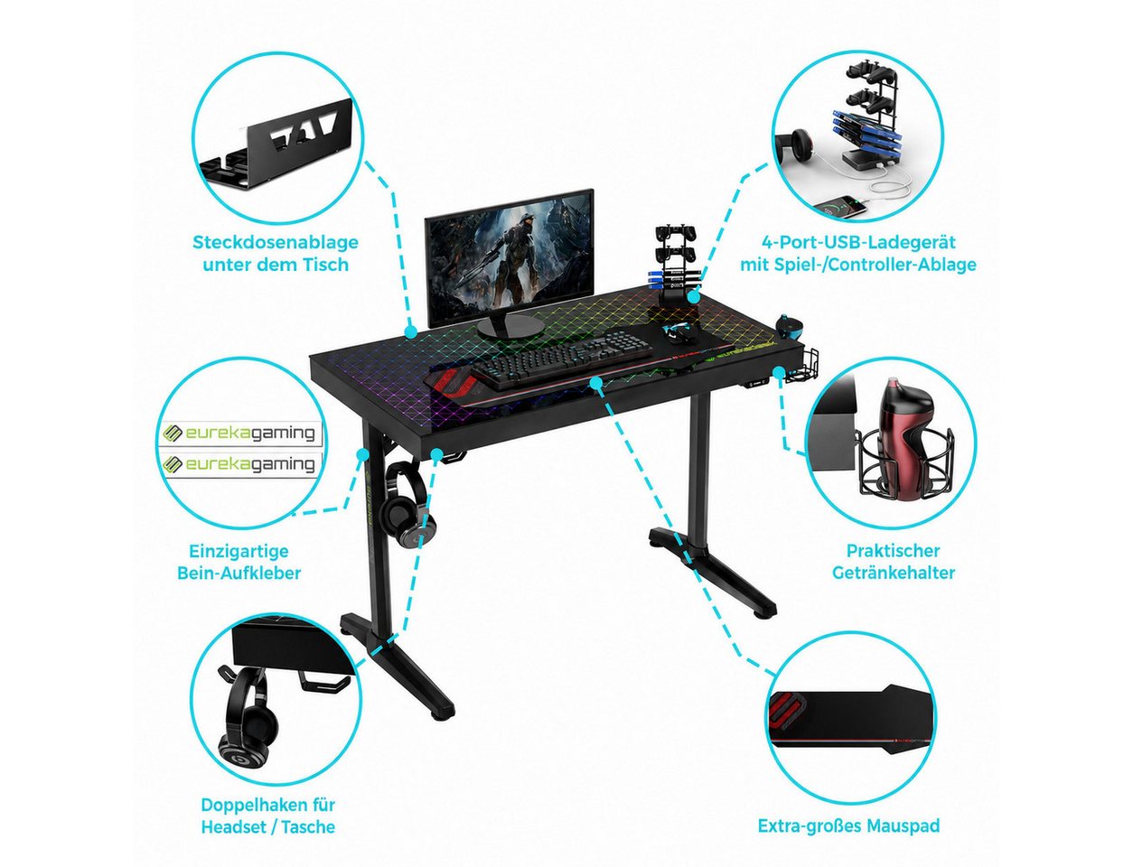 EE EUREKA ERGONOMIC Gamingtisch 110 x 60 cm große Glasfläche, Computertisch für Gaming und PC-Arbeit, RGB-Schreibtisch mit App-Steuerung, Haltern und rutschfest – Bild 2 von 5