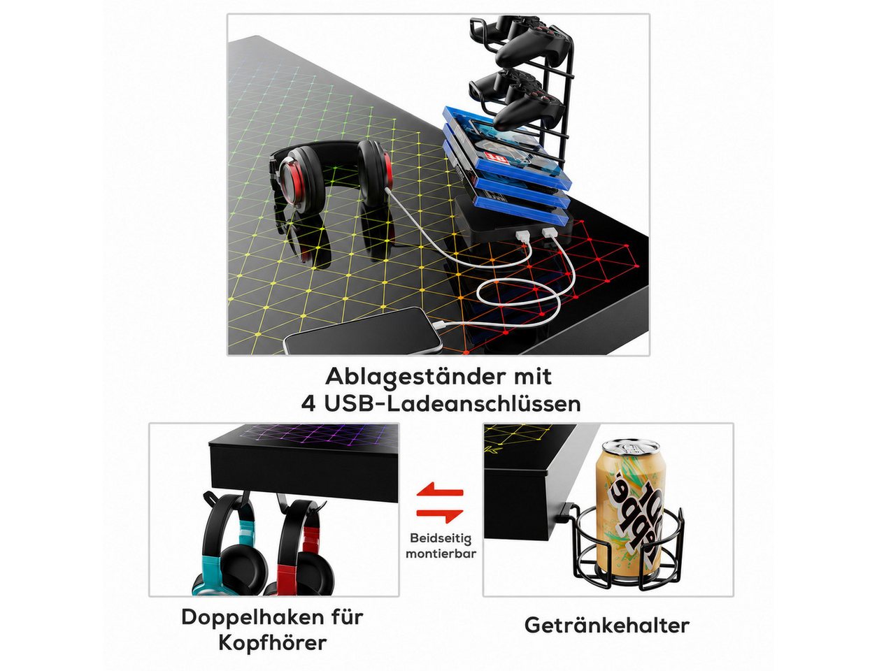 EE EUREKA ERGONOMIC Gamingtisch 110 x 60 cm große Glasfläche, Computertisch für Gaming und PC-Arbeit, RGB-Schreibtisch mit App-Steuerung, Haltern und rutschfest – Bild 3 von 5