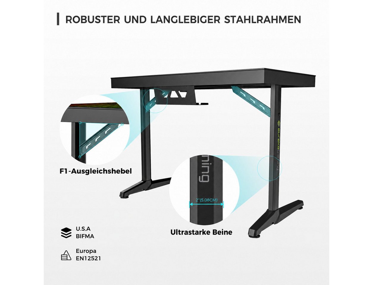 EE EUREKA ERGONOMIC Gamingtisch 110 x 60 cm große Glasfläche, Computertisch für Gaming und PC-Arbeit, RGB-Schreibtisch mit App-Steuerung, Haltern und rutschfest – Bild 4 von 5
