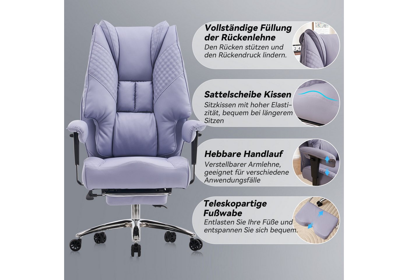 EFOMAO Bürostuhl Ergonomisch, Extra Breit & Stabil bis 180kg, Computerstuhl & Drehstuhl (1 St), Chefsessel Hochlehner mit Fußstütze, Kunstleder Lila – Bild 4 von 5