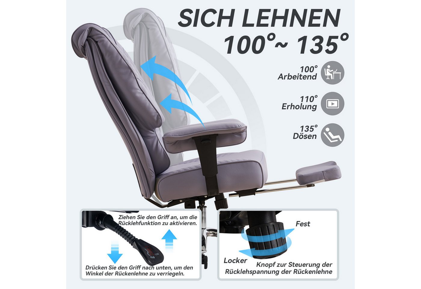 EFOMAO Bürostuhl Ergonomisch, Extra Breit & Stabil bis 180kg, Computerstuhl & Drehstuhl (1 St), Chefsessel Hochlehner mit Fußstütze, Kunstleder Lila – Bild 5 von 5
