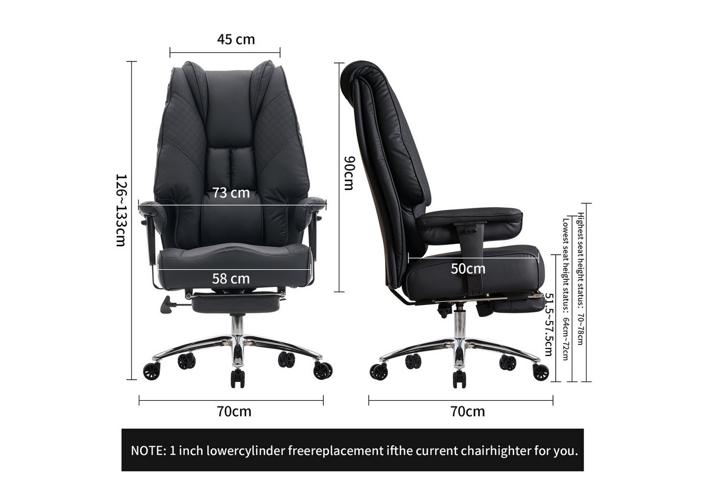 EFOMAO Chefsessel Extra Breit+Stabil, Hochlehner mit Fußstütze Leder, Verstellbare Rückenlehne, Ergonomisch, Höhenverstellbar, schwarz – Bild 2 von 5