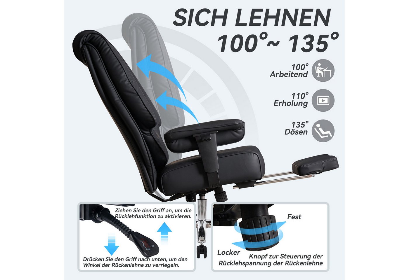 EFOMAO Chefsessel Extra Breit+Stabil, Hochlehner mit Fußstütze Leder, Verstellbare Rückenlehne, Ergonomisch, Höhenverstellbar, schwarz – Bild 3 von 5