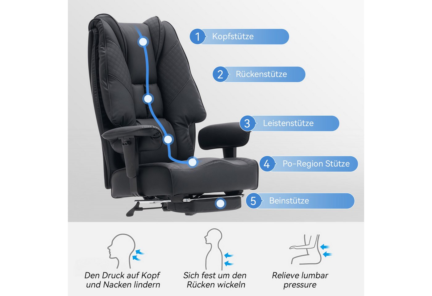 EFOMAO Chefsessel Extra Breit+Stabil, Hochlehner mit Fußstütze Leder, Verstellbare Rückenlehne, Ergonomisch, Höhenverstellbar, schwarz – Bild 4 von 5