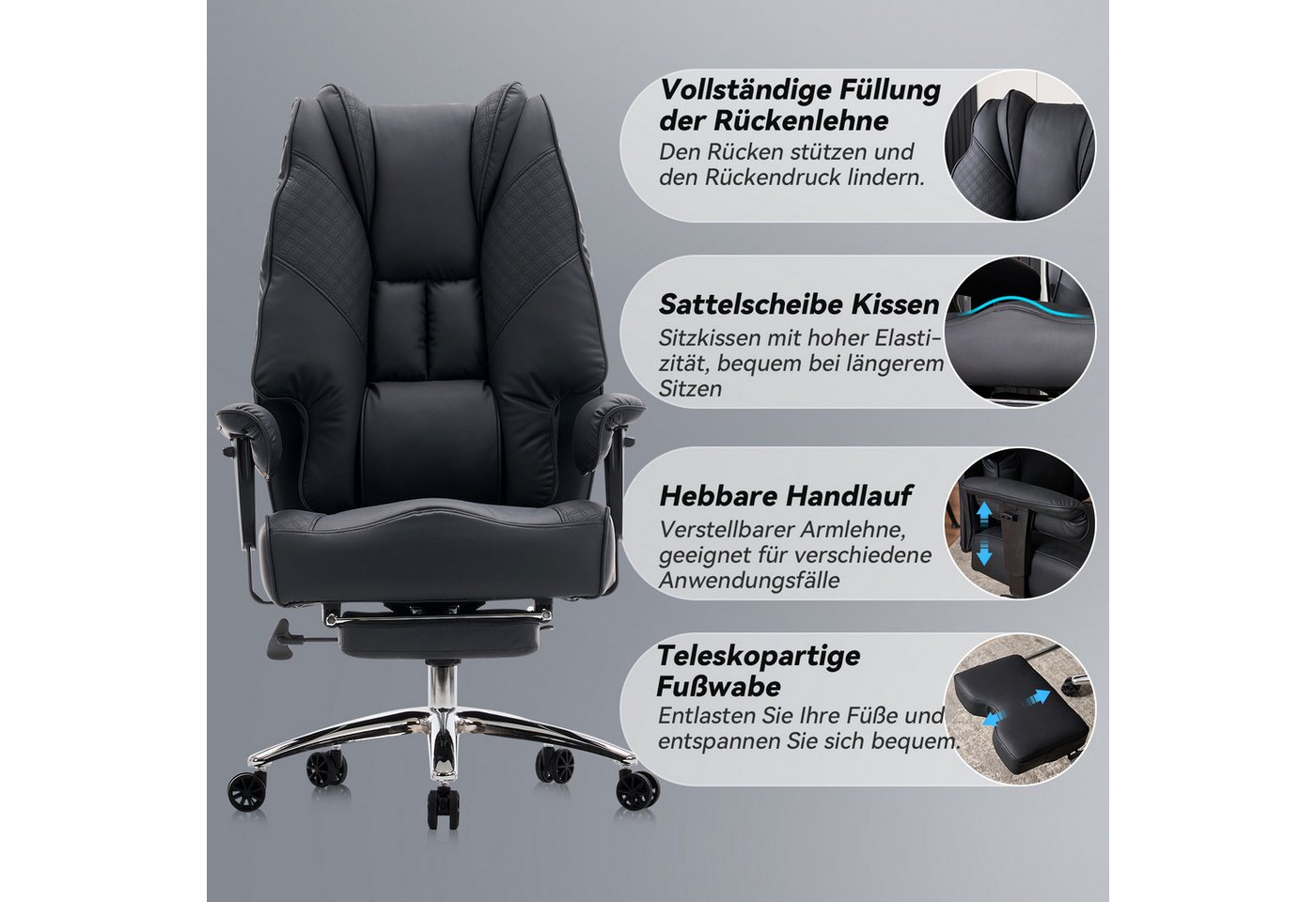 EFOMAO Chefsessel Extra Breit+Stabil, Hochlehner mit Fußstütze Leder, Verstellbare Rückenlehne, Ergonomisch, Höhenverstellbar, schwarz – Bild 5 von 5