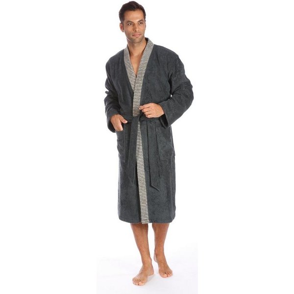 Egeria Herrenbademantel Bruno, ideal für Sauna & Spa, Hotelbademantel, Morgenmantel, Langform, Walkfrottee, Kimono-Kragen, Gürtel, Kimono mit Streifenbordüre, 1