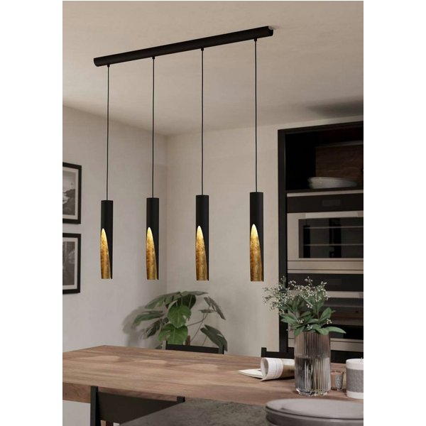 EGLO Hängeleuchte BARBOTTO Pendellampe, Stahl, GU10, IP20, Hängelampe, Esszimmerlampe, LED fest integriert, Hängeleuchte, L92,5 x B6,0 x H110 cm, schwarz, gold,