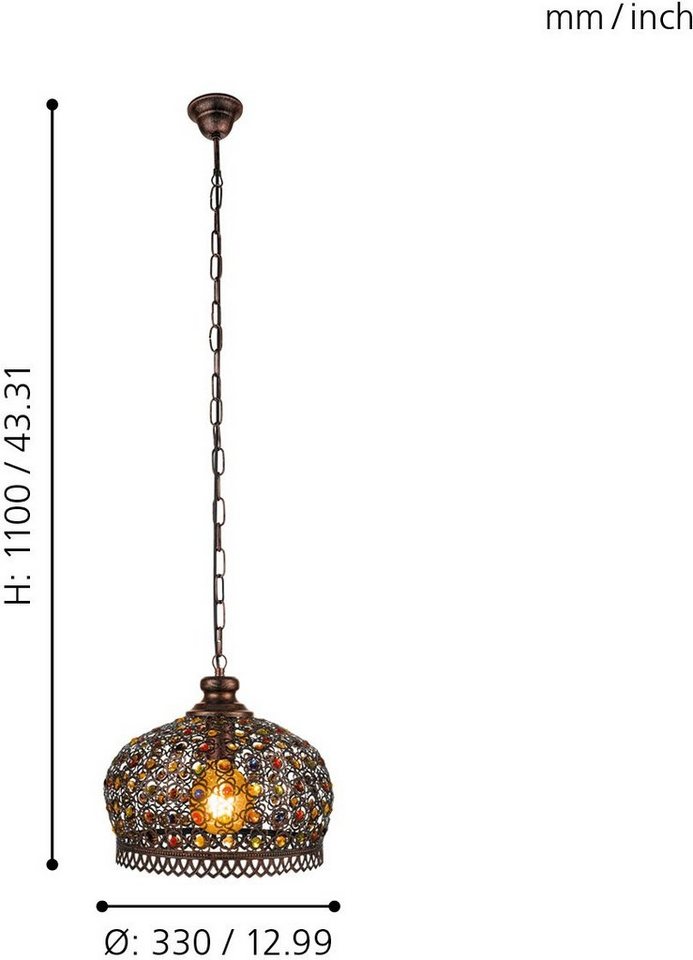 EGLO Hängeleuchte JADIDA Pendellampe, IP20, E27, Stahl und Glas, Esstischlampe, Lampe, ohne Leuchtmittel, Hängeleuchte, H110 x Ø33 cm, kupferfarben-antik, 1X60W – Bild 3 von 5